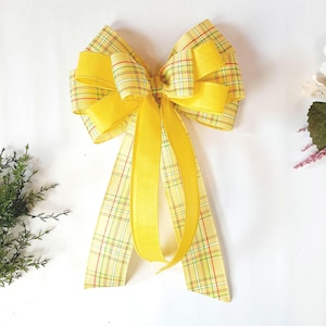 Spring Bows for Front Door Wreath,Yellow Bow for Wreath,Spring Lantern Decor, Plaid Handmade Bows, Mother's Day Gift, Wreath Attachments