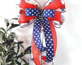 Patriotic Holidays Door Wreath Bow, Red Truck Ribbon, 4th of July Lantern Decor, Bows for Wreaths, Wreath Attachment Supplies