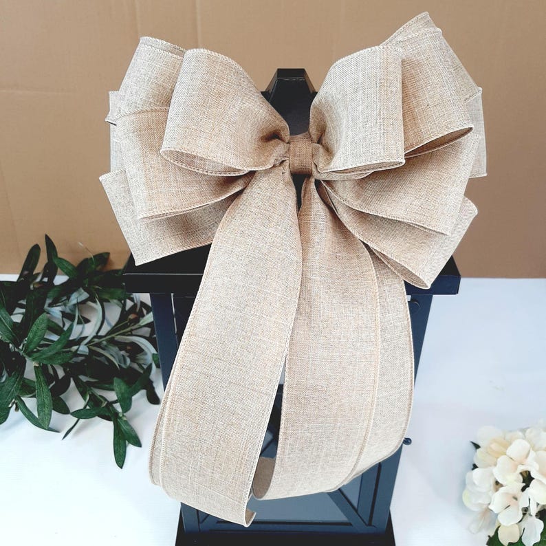 Everyday Bows, Farmhouse Bows for Wreaths, Rustic Bows for Wreaths, Rustic Decor, Linen Ribbon, Wired Ribbon Bows, Beige Farmhouse Bow image 2