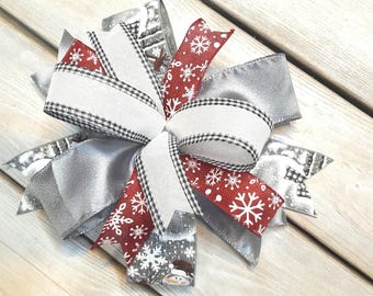Sale Priced Christmas Bow, Wreath Attachment, Bow for Wreaths, Red and Gray Holiday, Snowman Christmas Decor, Wired Ribbon, Multi-Ribbon Bow