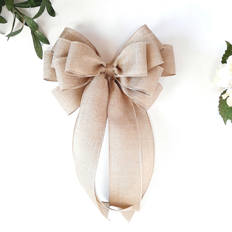 Everyday Bows, Farmhouse Bows for Wreaths, Rustic Bows for Wreaths, Rustic Decor, Linen Ribbon, Wired Ribbon Bows, Beige Farmhouse Bow image 1
