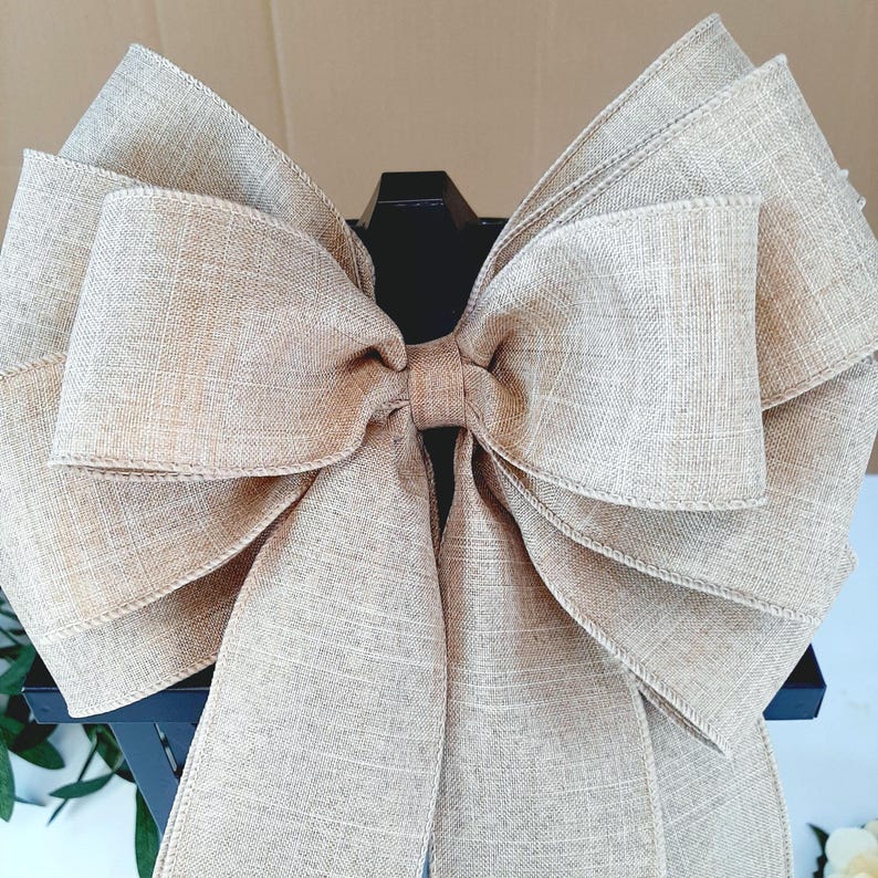 Everyday Bows, Farmhouse Bows for Wreaths, Rustic Bows for Wreaths, Rustic Decor, Linen Ribbon, Wired Ribbon Bows, Beige Farmhouse Bow image 5