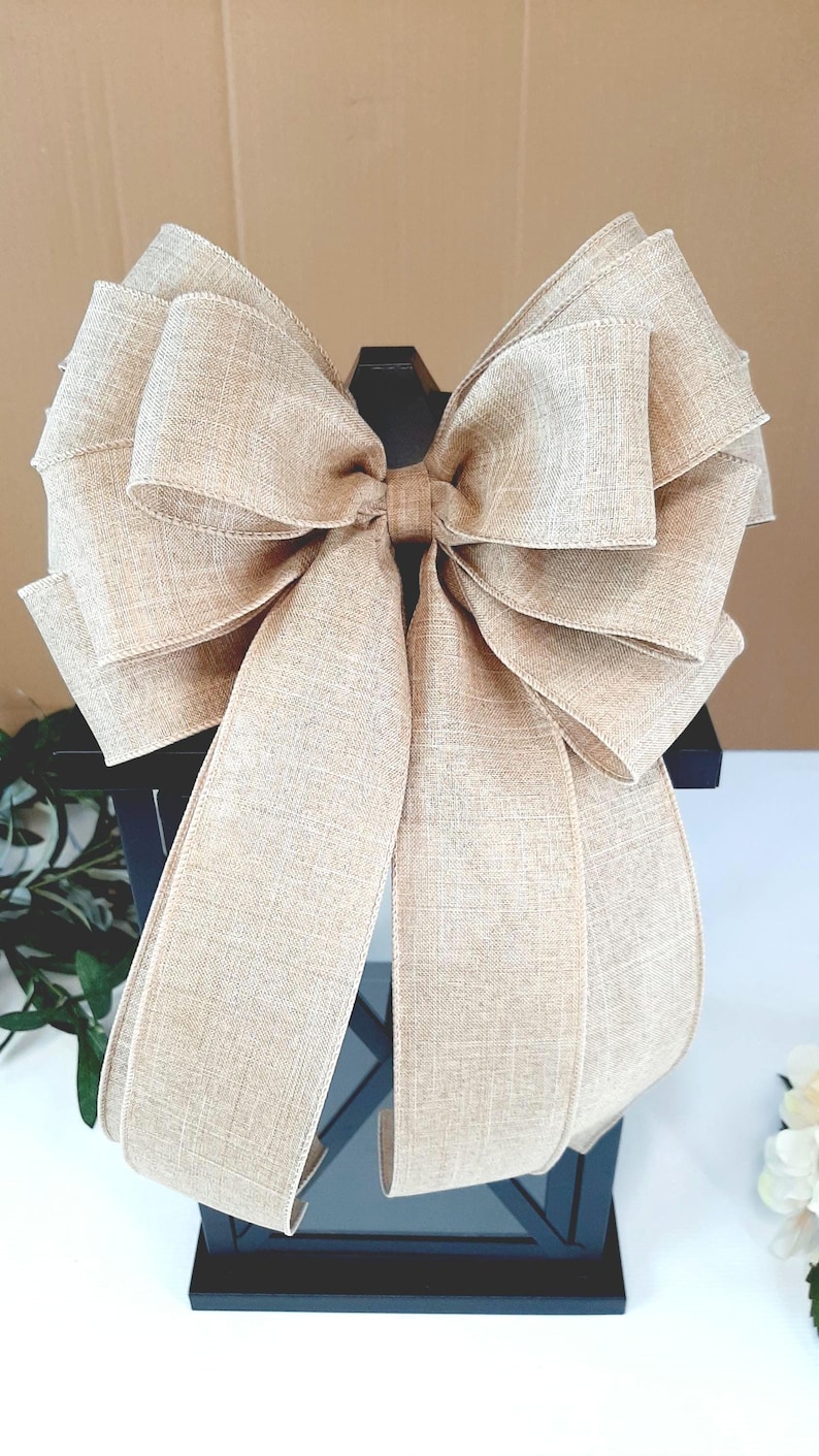 Everyday Bows, Farmhouse Bows for Wreaths, Rustic Bows for Wreaths, Rustic Decor, Linen Ribbon, Wired Ribbon Bows, Beige Farmhouse Bow image 10