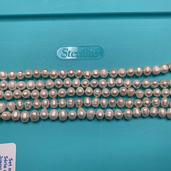 6.5-7.0 mm Potato White Freshwater Cultured Pearls knotted strands，6.5 Inches, no clasp, wholesale, Finial sale