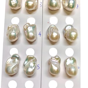 May include: A collection of lustrous, irregularly shaped pearls, each with a creamy white base and iridescent sheen. The pearls are arranged on white display cards, showcasing their unique forms and natural beauty. Numbers are visible on the cards.