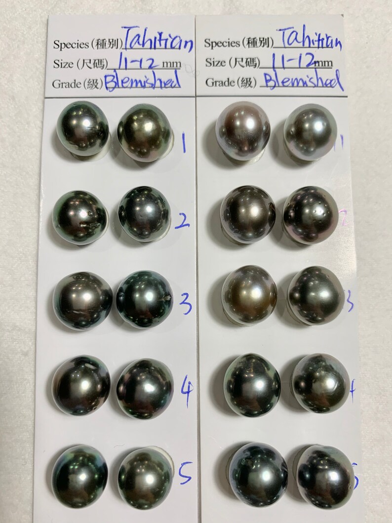 has blemishes 11-12 MM High Luster Natural Color with PeacockGreenGrey Tahitian Cultured pearl sold by pair Tahitian pearls