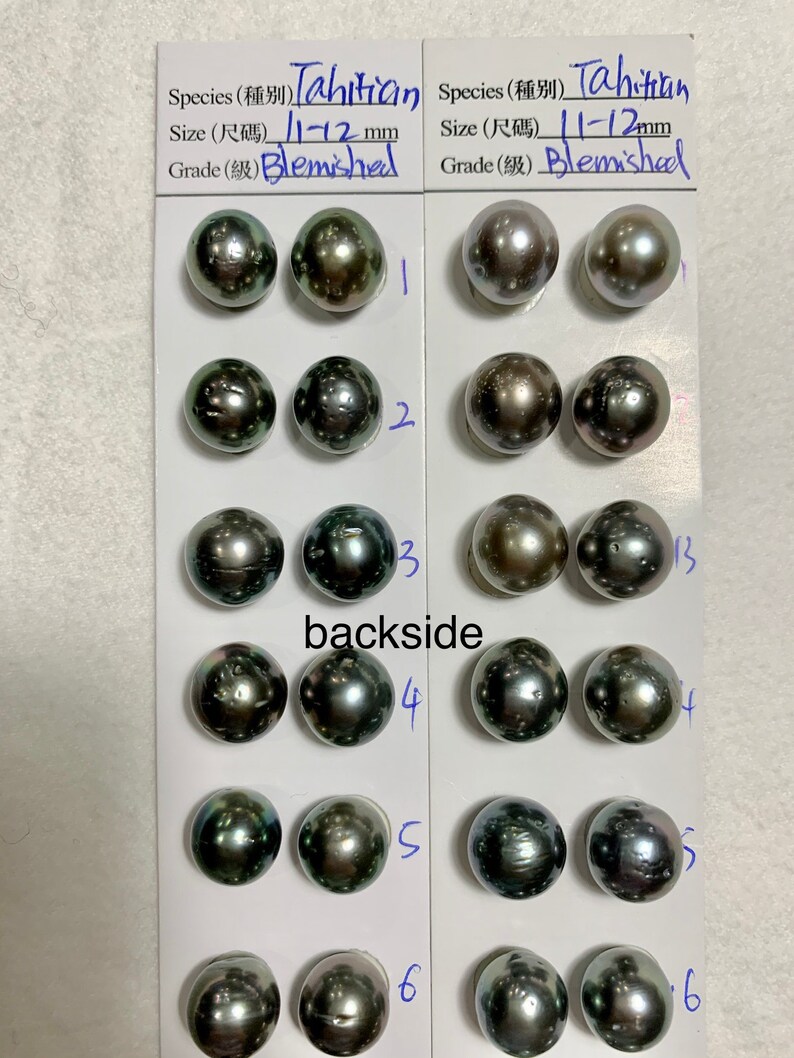 has blemishes 11-12 MM High Luster Natural Color with PeacockGreenGrey Tahitian Cultured pearl sold by pair Tahitian pearls
