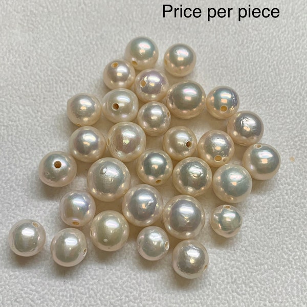 Perle d'Edison blanche, grand trou de 2 mm,Rond/presque rond/semi-baroque,haute brillance, prête à être utilisée pour un style bagble en cuir et en métal,Vendu par PC