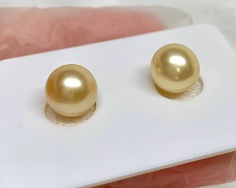 14k Yellow Gold Natural South Sea Pearl Earrings - AAA 9-10mm Gold Studs