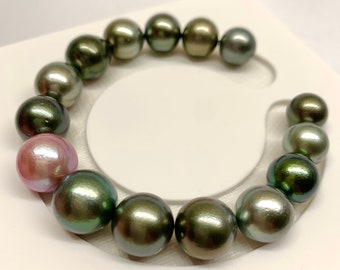 Rare find! Tahitian Pearl,Edison Pearl,Multi Color,15 pcs of 9.7-12.7mm Natural Frosted Texture Round/Near Round/Oval CulturedPearl Bracelet