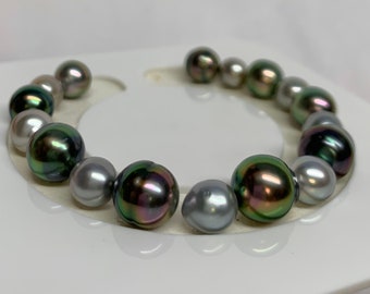 Rare Find!Color!Luster!Tahitian Pearl Set: 17 pcs of 8-9mm/9-11mm natural light grey/peacock pearls.Perfect for bracelet & necklace projects