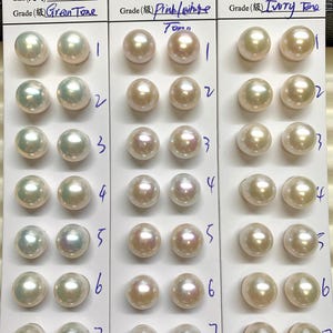 Könnte beinhalten: Drei Karten mit Edison-Perlen, jeweils 10-11 mm groß. Los 1 hat einen Grünton, Los 2 einen rosa/weißen Ton und Los 3 einen Elfenbeinton. Die Karten sind mit Details beschriftet. Die Perlen haben einen Durchmesser von etwa 1 cm.