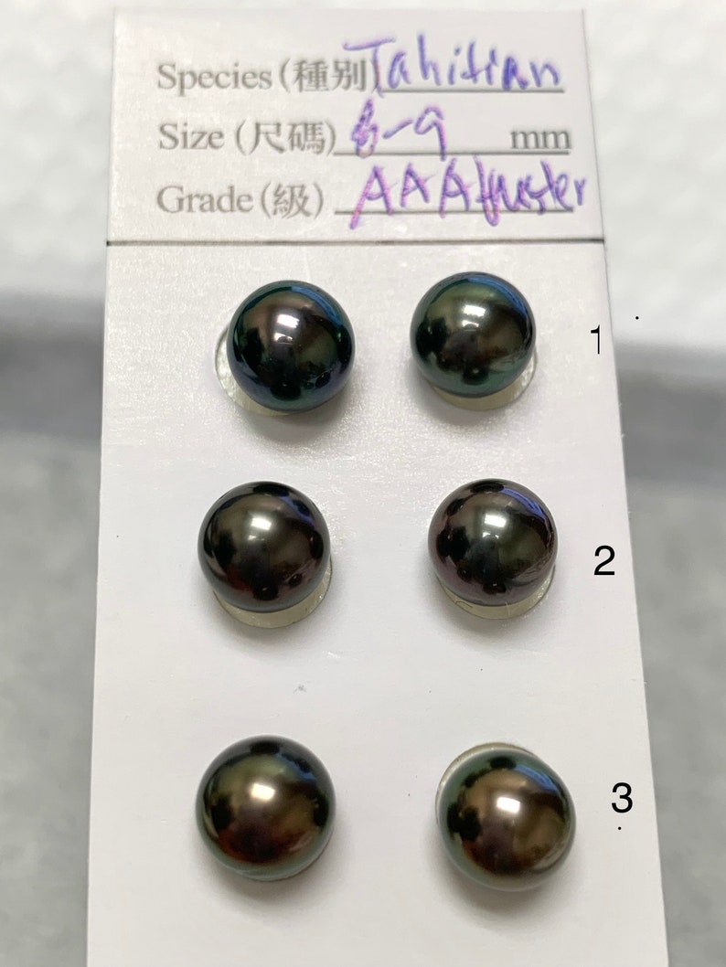 8-9mm AAA Luster High Luster Dark Tahitian Cultured Pearl,PeacockBlue tone,Nice frontBlemished back,good for stud setting,Sold by pair