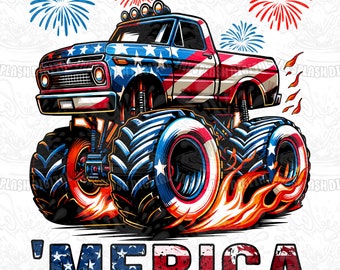 Patriotic Monster Truck PNG, 4th of July Sublimation Design (Digital Download)