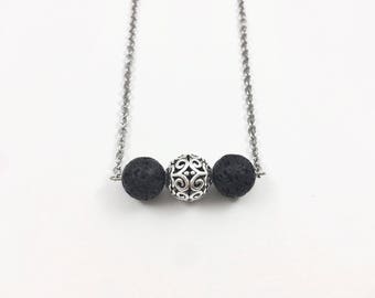 Lava Stone Bar Diffuser Necklace, Essential Oil Diffuser Necklace, Silver Ball Aromatherapy Necklace, Dainty Oil Bead Diffusing Necklace