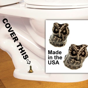 Owl tall ceramic toilet bolt caps in a charcoal gray/black glaze, set of 2