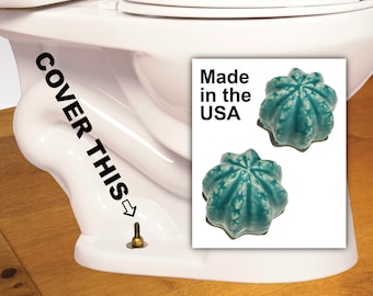 Cactus ceramic toilet caps in a turquoise blue glaze, set of 2