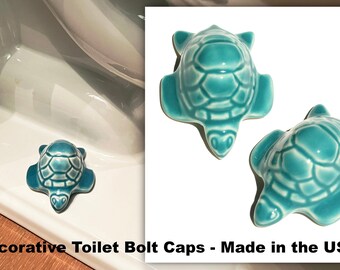 2 Sea Turtle Toilet Bolt Caps in a Deep Turquoise Glaze - USA made - far superior than machine-made knock-offs from China