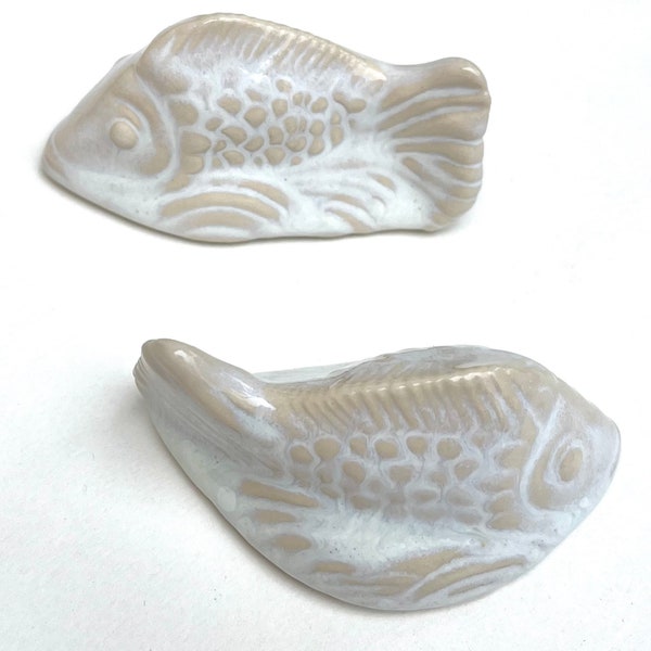 Set of 2 Fish Toilet Bolt Covers in Beige & Opalescent White Glaze, USA made USA made - far superior than machine-made knock-offs from China