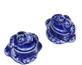 Set of 2 Frog Toilet Bolt Covers in Blue Glaze, USA made