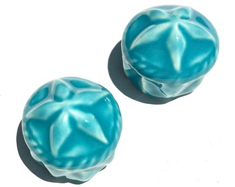 2 Sea Star Ceramic Toilet Bolt Caps in Deep Turquoise Glaze, USA made - far superior than machine-made knock-offs from China