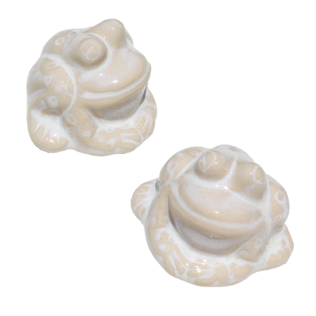 Set of 2 Frog Toilet Bolt Covers in Beige & Opalescent White Glaze, USA