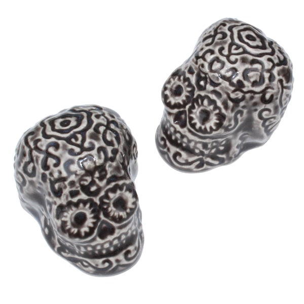 Set of 2 Sugar Skulls in a Black glaze, Ceramic Toilet Bolt Covers