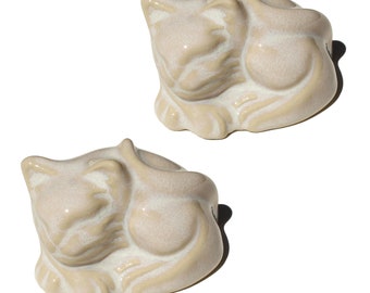 Set of 2 Sleeping Cat Toilet Bolt Covers in Opalescent White & Beige Glaze, USA made - far superior than machine-made knock-offs from China