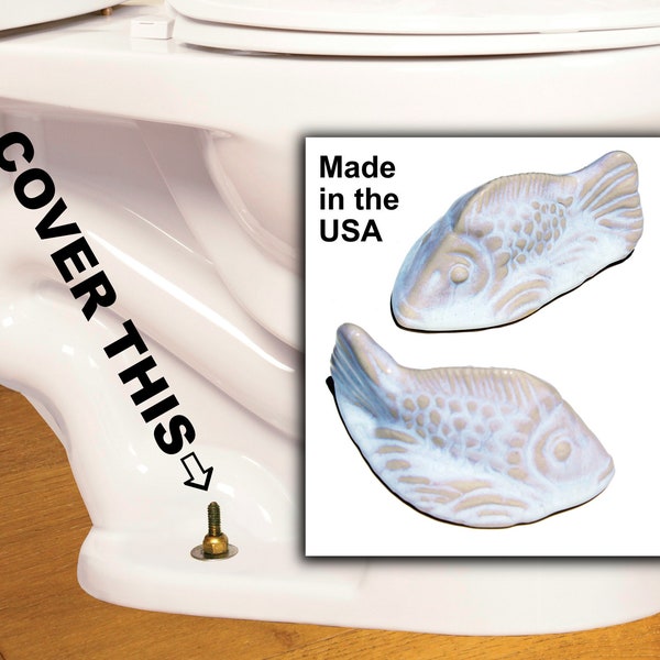 Set of 2 Fish Toilet Bolt Covers in Beige & Opalescent White Glaze, USA made, don't be fooled by Chinese knock-offs