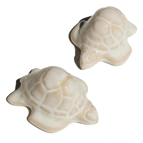 2 Sea Turtle Toilet Bolt Caps in a Beige & Opalescent White Glaze, USA made