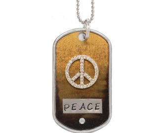 Hand Painted PEACE Pendant Necklace, Stainless Steel Chain