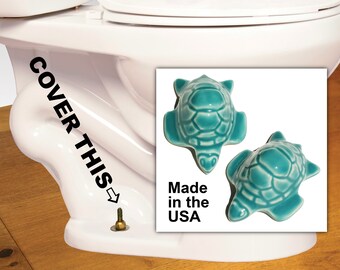 2 Sea Turtle Toilet Bolt Caps in a Turquoise Blue Glaze - USA made, don't be fooled by Chinese knock-offs
