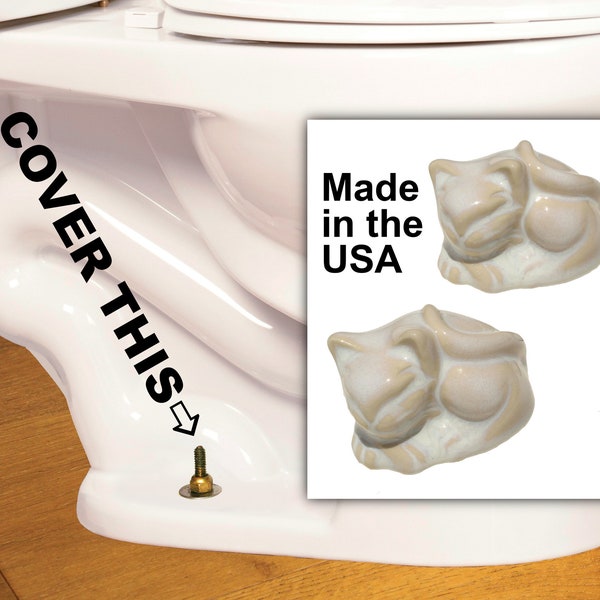 Set of 2 Sleeping Cat Toilet Bolt Covers in Opalescent White & Beige Glaze, USA made, don't be fooled by cheap Chinese knock-offs