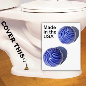 May include: Close-up of a white toilet bowl with a blue and white ceramic knob. The knob has a swirl design and says "Made in the USA". The text "COVER THIS" is written on the toilet bowl.