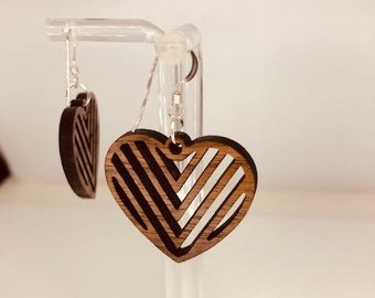 Laser cut earrings, earrings, wood earrings, wooden earrings, sterling silver earrin, wood,Heart  laser earrings, laser wood