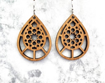 Laser cut earrings, earrings, wood earrings, wooden earrings, sterling silver earring, sterling silver, wood laser earrings, laser wood