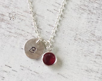 Birthstone necklace,Initial charm,personalized necklace,birthstone charm,swarovski crystal,birthday present,initial charm, silver necklace