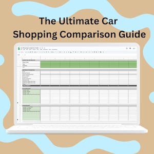May include: A laptop computer displaying a Google Sheet titled "Car Shopping Comparison Guide". The sheet is a template for comparing different car models. The sheet includes categories such as "Exterior Information", "Interior Information", "Safety Features", "Performance", and "Other Features".