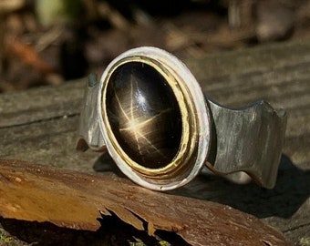 Star sapphire ring - gold setting - black star sapphire - star sapphire - silver ring size 61