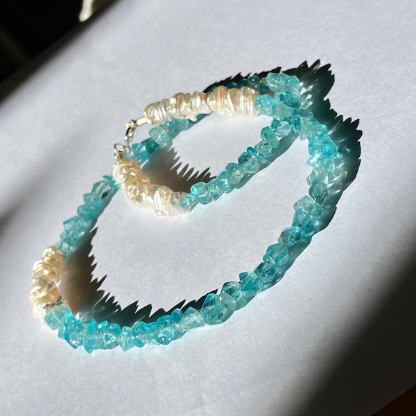 Apatite necklace, keshis beads - cornflake, apatite, lagoon blue