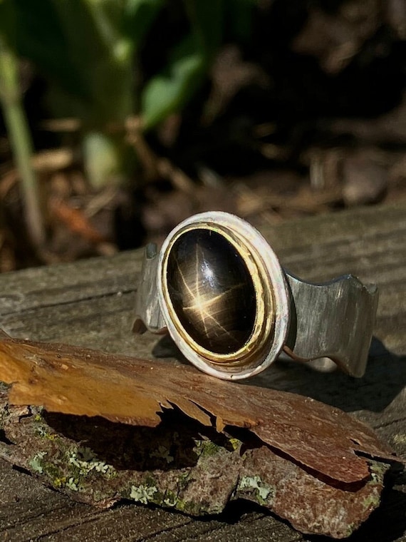 Bague saphir etoile monture doree saphir etoile noir saphir etoile bague argent taille 61 Etsy France