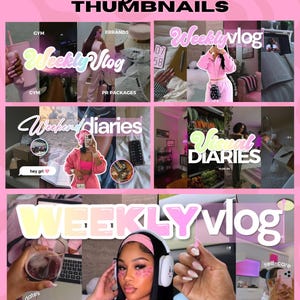 May include: A digital template featuring 5 YouTube thumbnails with pink backgrounds. The text includes 5 Youtube Thumbnails, Weekly Vlog, Weekend Diaries, Visual Diaries, and Made in Canva. The images show lifestyle scenes, including gym, errands, and self-care.