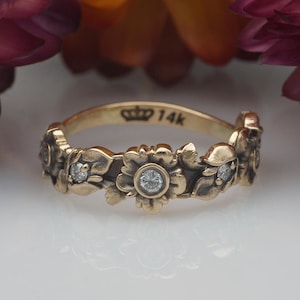 Art Nouveau Style Ring, Flower Ring, Floral Ring, Nature Inspired Ring, 14k Gold Ring, Natural White Diamonds Ring, Dainty Ring, Slim Ring