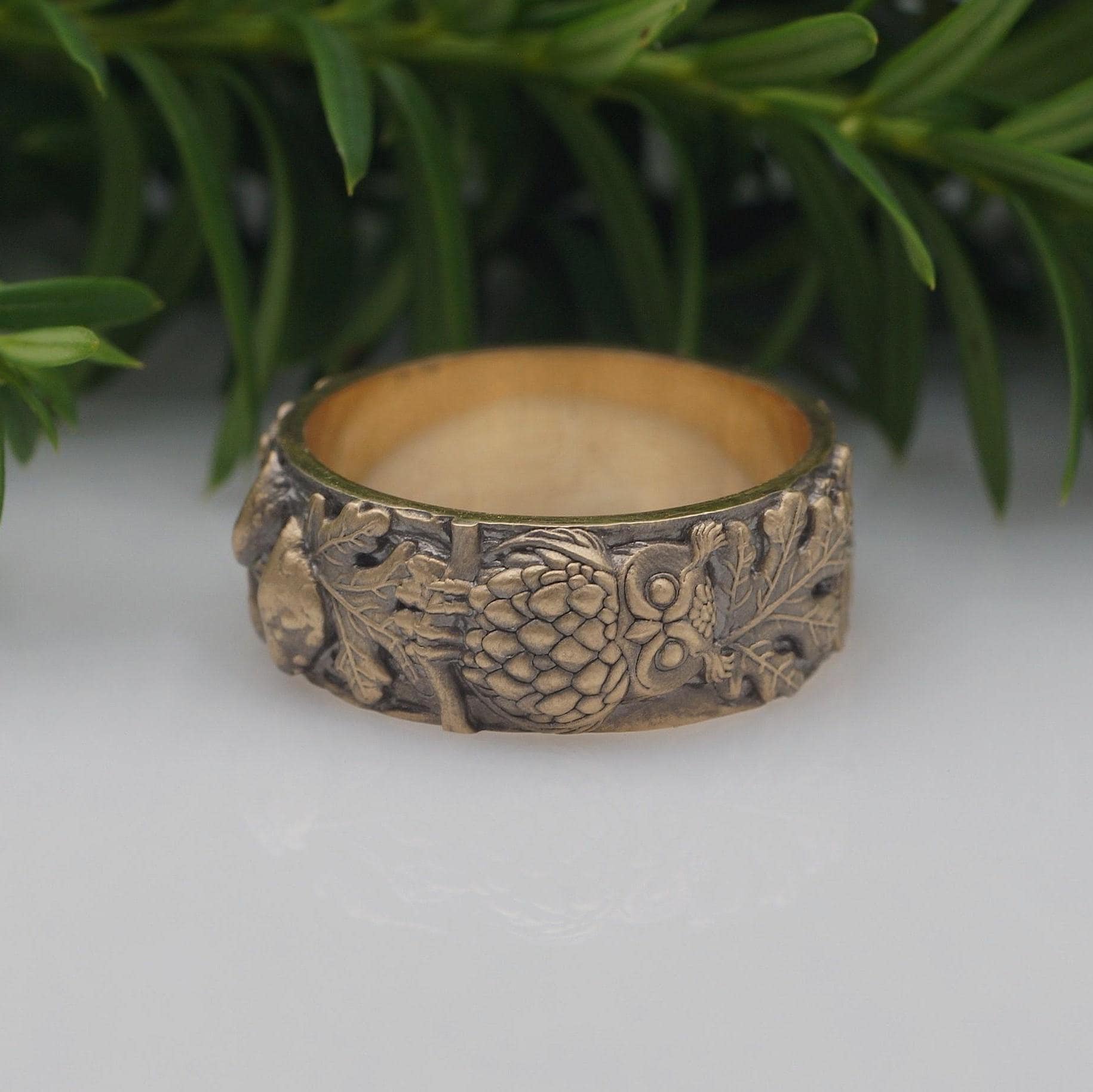 Owl Band, Bird Band, Leaves Band, Mushroom Band, Woodland Band, Nature Inspired Band, 14k Gold Band,