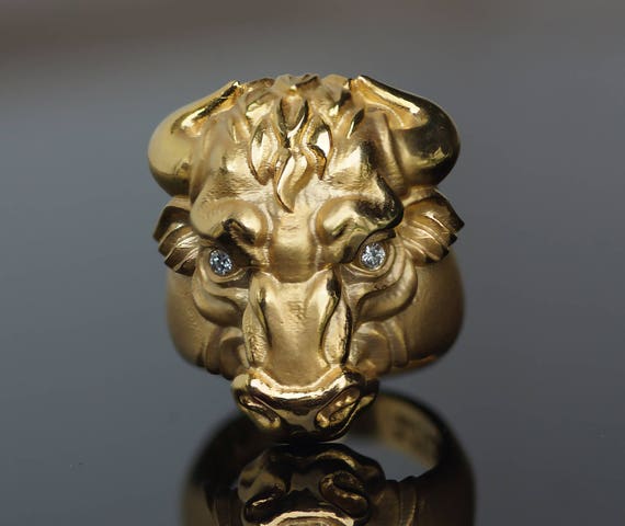 Wall Street Bull 14k yellow gold diamond and ruby ring | Etsy