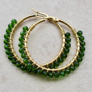 Hoop Earrings , Crystal earrings , (Emerald Green), Gold Hoops, Wire Wrapped Hoops.
