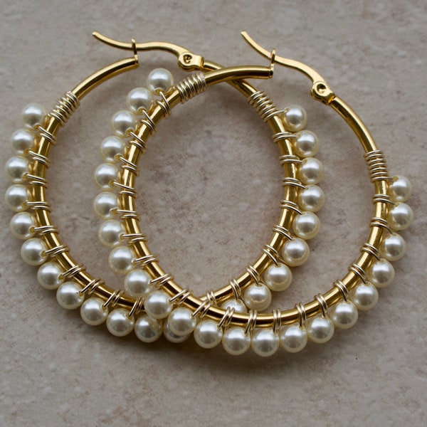 Pearl Earrings, Hoop Earrings Made With Swarovski Pearls, Gold Hoops, Gold Wired Wrapped Hoops.