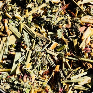 Op de afbeelding: Een zilveren blik met een bruin etiket waarop "Molly's Pharmacy Turn Down The Heat Tea 1/2 Oz" staat en een mengsel van gedroogde kruiden bevat.