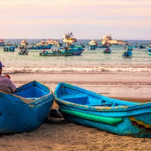 Boat, fishing boats, Ecuador, Puerto Lopez, fisherman, pacific ocean, small boats, bright colors, fine art photography, South America.