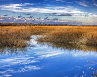 Savannah, marsh, landscape, seascape, blue sky, color photograph, Burnside Island, water, Georgia coast, low country art, marsh art.